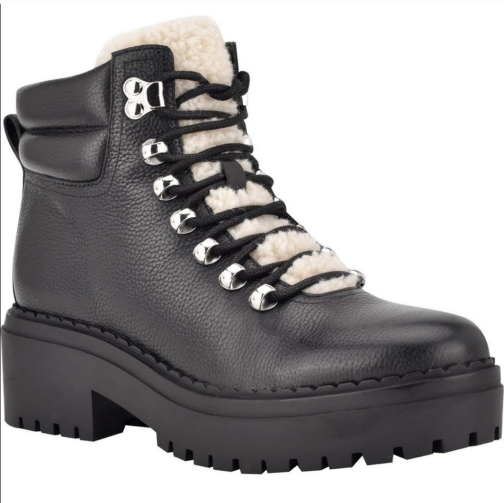 NWOT Marc Fisher LTD Leather and Faux Fur Lace Up Black Boots 8